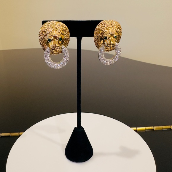NWOT Authentic Vintage Retro Luxury Kenneth Jay Lane Lion Door Knocker Earrings - Picture 7 of 15